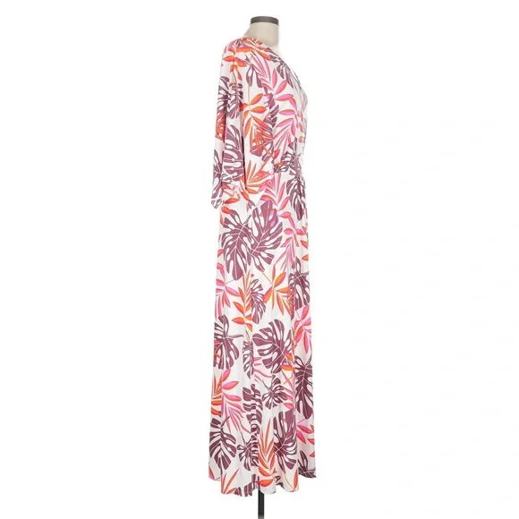 G by Giuliana Pink & Orange Stretchy Tropical Leaf Print Maxi Caftan Dress Large - Picture 4 of 7
